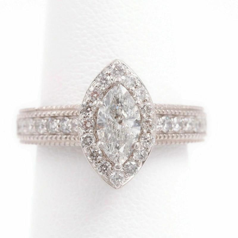 Marquise Diamond Halo Engagement Ring Milgrain Diamond Band 14kt WG - 5