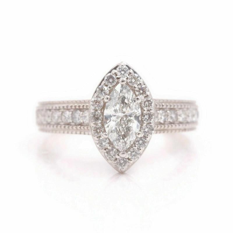 Marquise Diamond Halo Engagement Ring Milgrain Diamond Band 14kt WG - 7