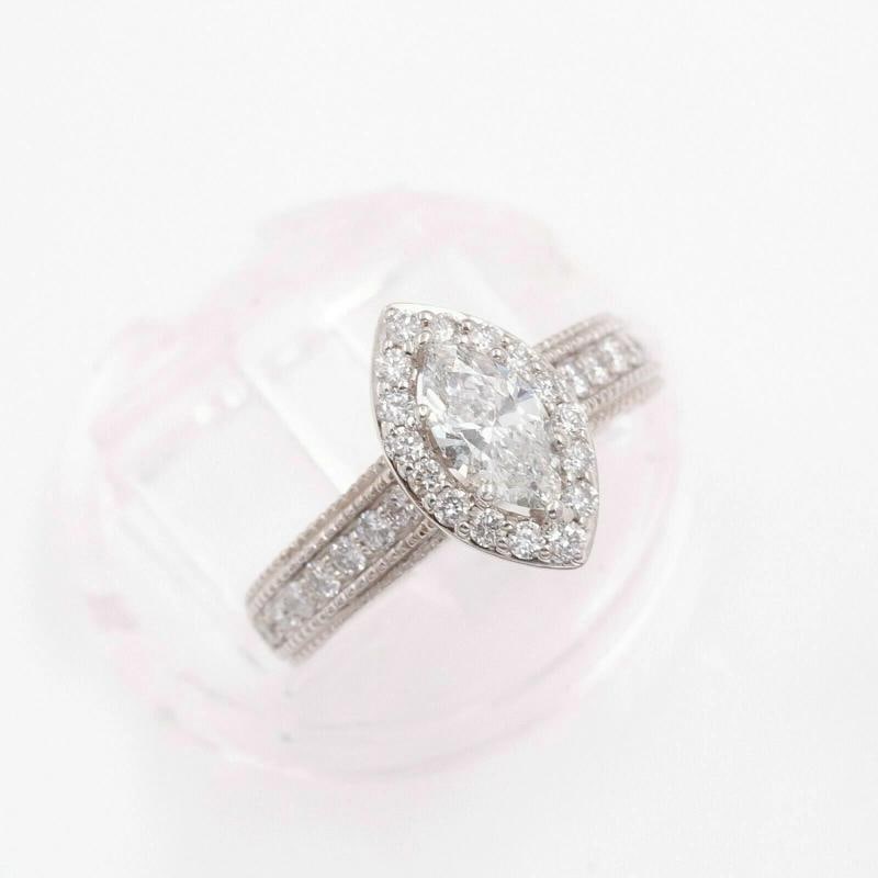 Marquise Diamond Halo Engagement Ring Milgrain Diamond Band 14kt WG - 9