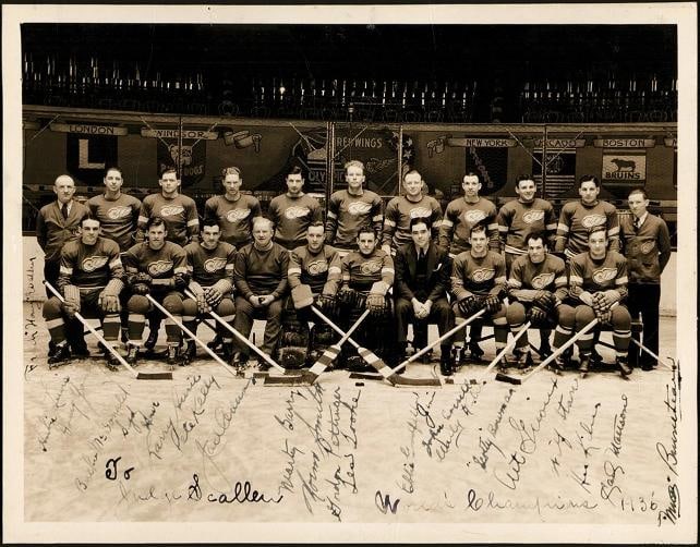 1935-36 Detroit Red Wings First Stanley Cup Champs Team-Signed Photo PSA DNA: 1936 Stanley Cup Champion Detroit Red Wings team-signed photograph with 20+ signatures, including those of coaches and other-than-playing personnel. The photo is 8x10 inches and original to 1936. It i