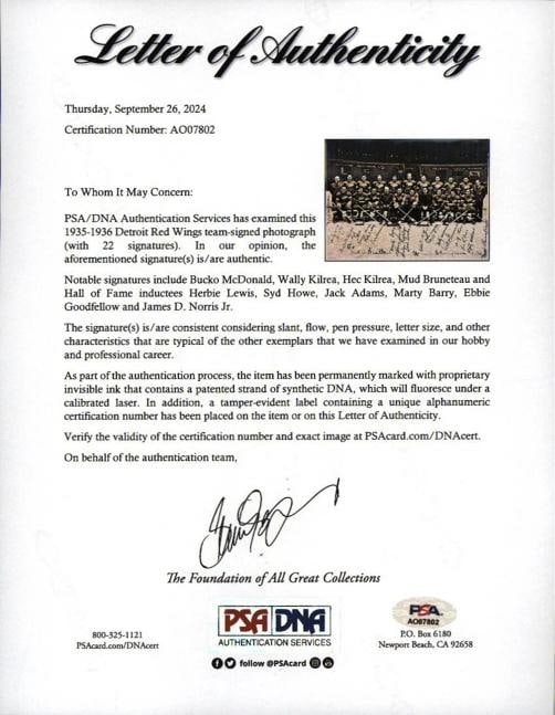 1935-36 Detroit Red Wings First Stanley Cup Champs Team-Signed Photo PSA DNA - 2