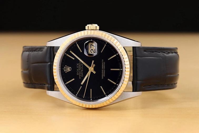 ROLEX MENS DATEJUST 16233 BLACK DIAL 18K YELLOW GOLD STEEL BLACK LEATHER WATCH - 3