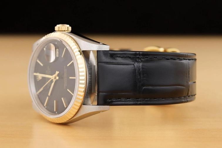 ROLEX MENS DATEJUST 16233 BLACK DIAL 18K YELLOW GOLD STEEL BLACK LEATHER WATCH - 4