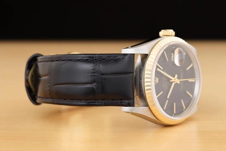 ROLEX MENS DATEJUST 16233 BLACK DIAL 18K YELLOW GOLD STEEL BLACK LEATHER WATCH - 7