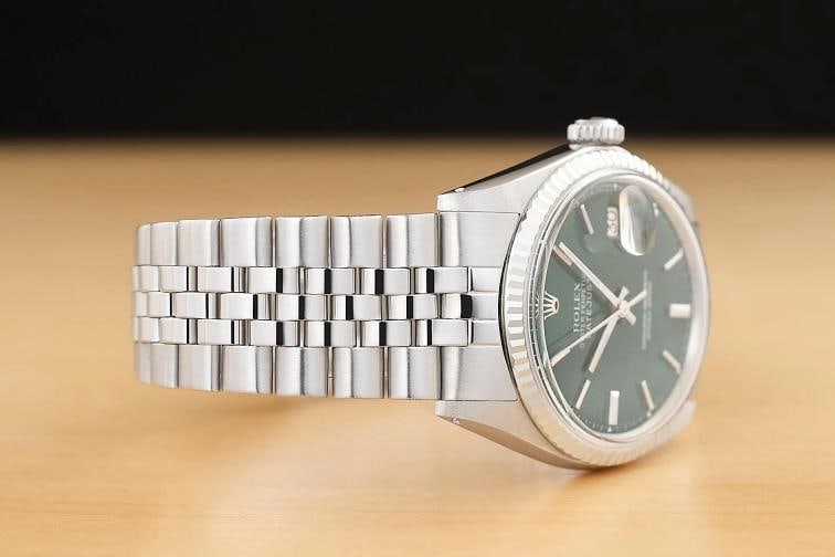 ROLEX DATEJUST 1601 GREEN DIAL 18K WHITE GOLD STEEL FOLDED BRACELET WATCH - 7