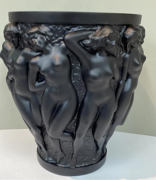 Xl Heavy Art Glass Lalique Style Black Bacchantes Vase H10Ã¢â‚¬Â - 12