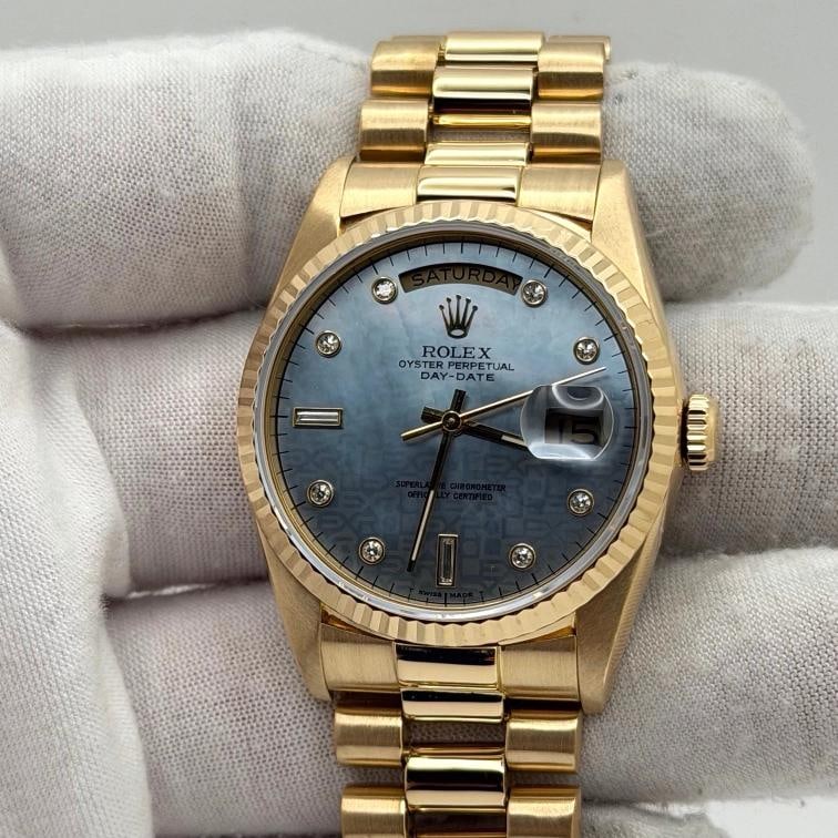 Rolex Day Date President 18348 36mm Blue Mother of Pearl Diamond Dial 18k Gold - 2