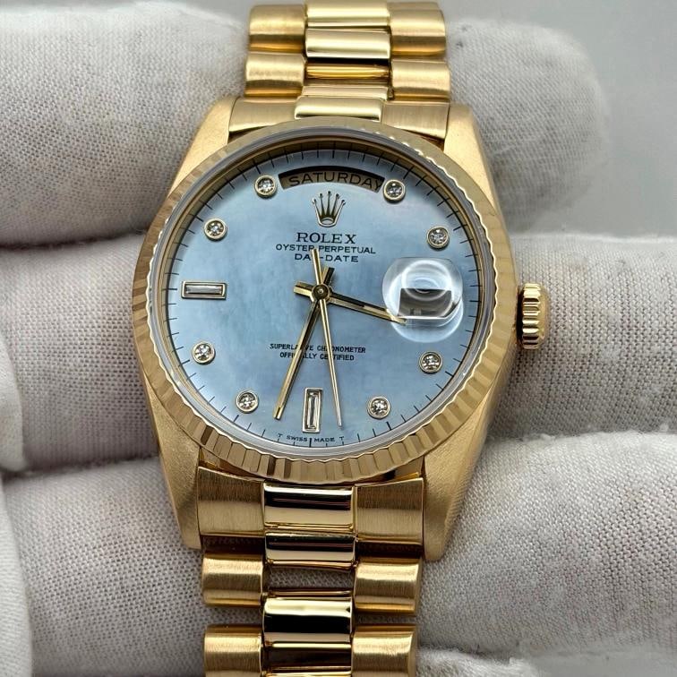 Rolex Day Date President 18348 36mm Blue Mother of Pearl Diamond Dial 18k Gold - 5