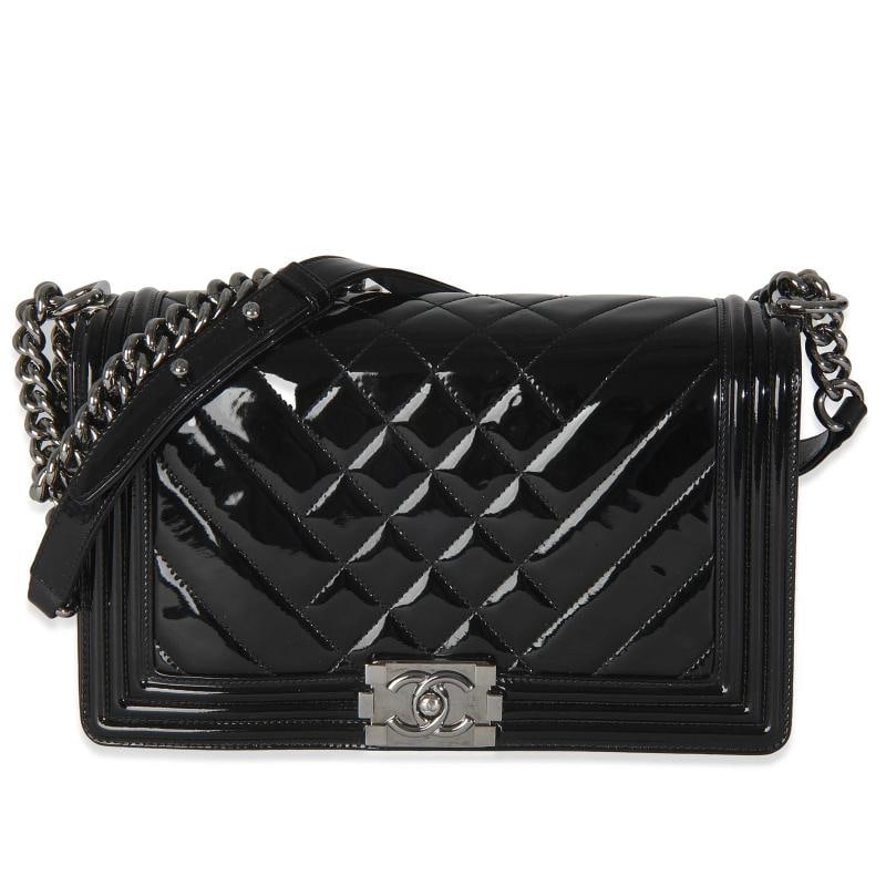 Chanel Black Patent Chevron Old Medium Boy Bag: Condition: Pre-owned - Good,Country of Origin: Italy,Dimensions: 11 x 7 x 2.5,Handbag Accessories: None,Bag Width: 11 in,Bag Depth: 2.5 in,Bag Height: 7 in,Department: Unisex,Style: Shoulder