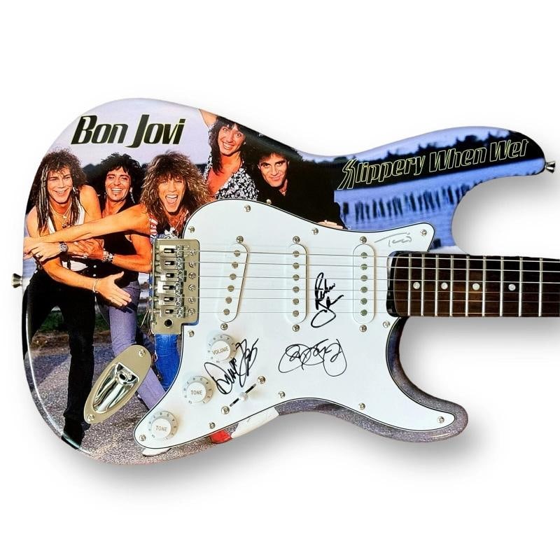 BON JOVI: Jon Bon Jovi, Richie Sambora, David Bryan & Tico Torres Signed Custom Guitar (JSA LOA): Signed: Yes,Industry: Music,Autograph Authentication: James Spence (JSA),Object Type: Guitar & Guitar Pick,Original/Reproduction: Original,Country of Origin: United States 