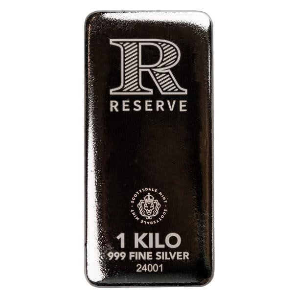 1 Kilo .999 Silver Bar RESERVE (Type II) - Cast Silver Bullion Bar #A213: Country of Origin: United States,Composition: Silver,Shape: Bar,Fineness: 0.999,Precious Metal Content: 1 kg,Precious Metal Content per Unit: 1 kg,Brand/Mint: Scottsdale Mint,Total Precious Metal