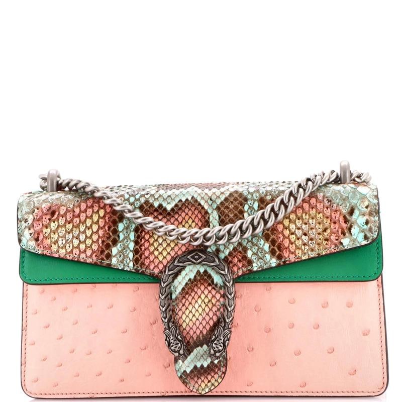 Gucci Dionysus Bag Python with Ostrich and Leather Small: Measurements: Height 7", Width 9.5", Depth 3" . Condition: Pre-owned - Good,Brand: Gucci,Exterior Material: Leather, Ostrich, Python, Exotic,Style: Shoulder Bags,Exterior Color: Pink,Department: Women
