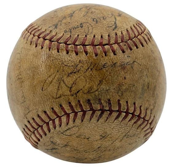 Lou Gehrig 1937 New York Yankees World Series Champs Team Signed Baseball JSA: Signatures include HOF(s): Lou Gehrig, Joe DiMaggio, E. Combs, T. Lazzeri, B. Dickey (2x), C. Ruffing / KEY(s): A. Fletcher, G. Selkirk, J. Murphy, J. Powell, S. Chandler, R. Rolfe, T. Henrich. The fo