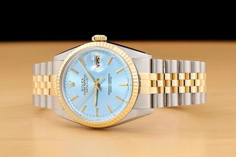 ROLEX MENS DATEJUST 16013 ICE BLUE DIAL 18K YELLOW GOLD STAINLESS STEEL WATCH - 2
