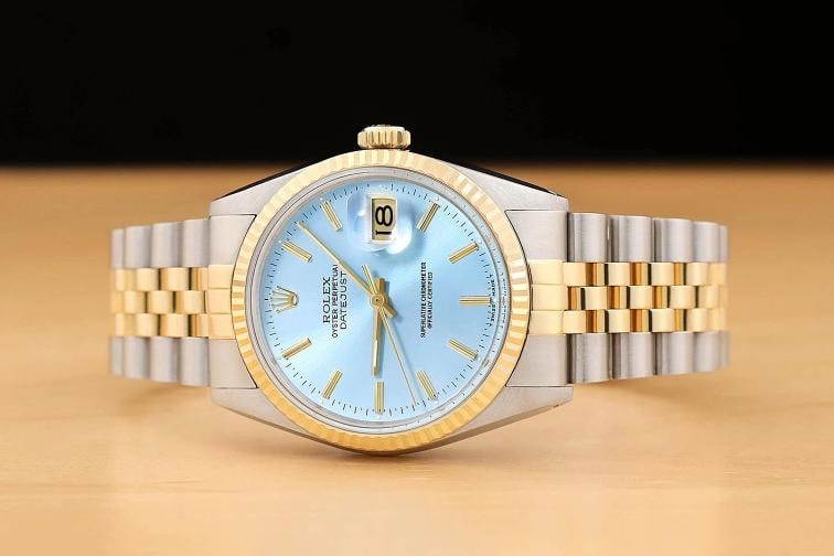ROLEX MENS DATEJUST 16013 ICE BLUE DIAL 18K YELLOW GOLD STAINLESS STEEL WATCH - 3