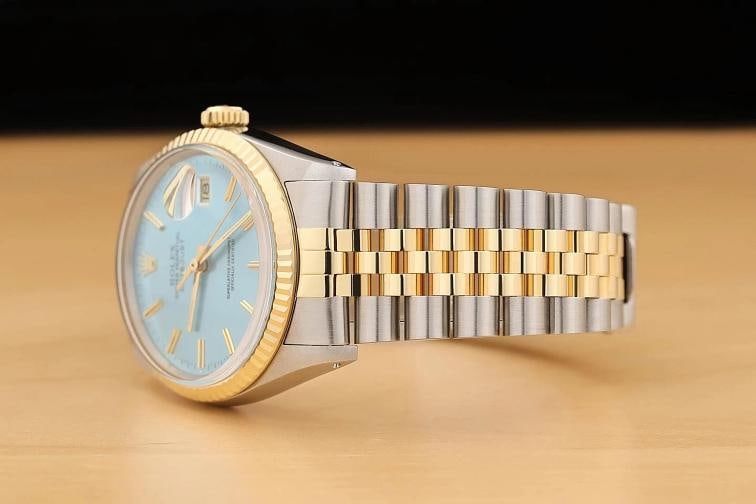 ROLEX MENS DATEJUST 16013 ICE BLUE DIAL 18K YELLOW GOLD STAINLESS STEEL WATCH - 4