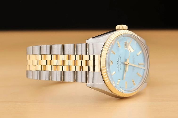 ROLEX MENS DATEJUST 16013 ICE BLUE DIAL 18K YELLOW GOLD STAINLESS STEEL WATCH - 7