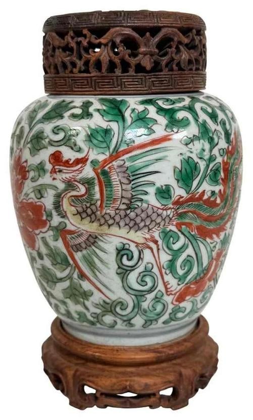 Antique 17thC Chinese Ming Dynasty Wucai Painted Fenghuang Porcelain Jar Pot (1 of 18)