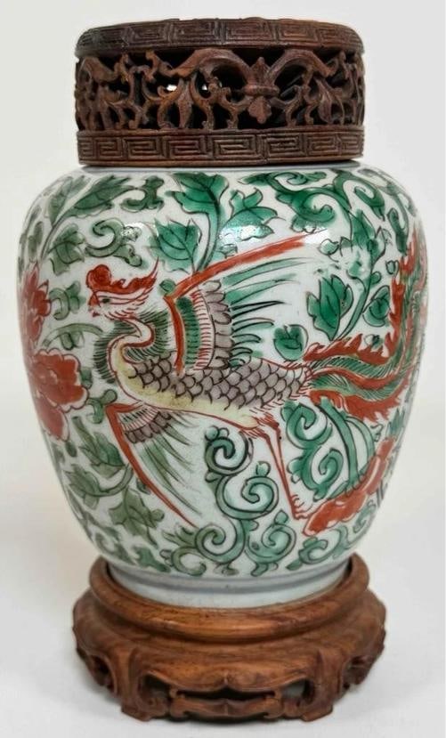 Antique 17thC Chinese Ming Dynasty Wucai Painted Fenghuang Porcelain Jar Pot - 2