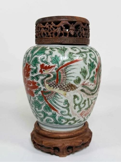 Antique 17thC Chinese Ming Dynasty Wucai Painted Fenghuang Porcelain Jar Pot - 3