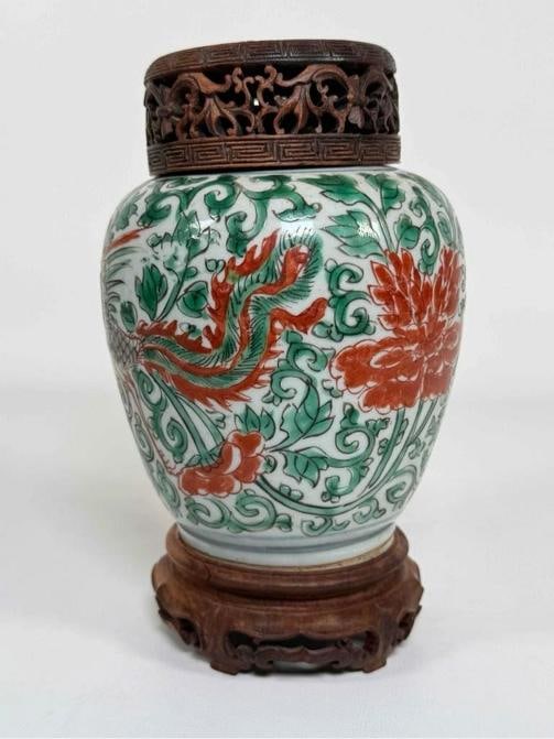 Antique 17thC Chinese Ming Dynasty Wucai Painted Fenghuang Porcelain Jar Pot - 4