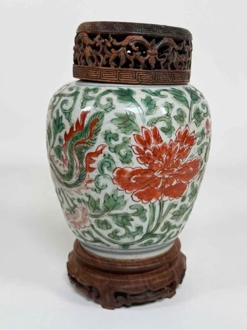 Antique 17thC Chinese Ming Dynasty Wucai Painted Fenghuang Porcelain Jar Pot - 5