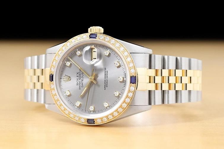 ROLEX DATEJUST 16233 GRAY FACTORY DIAMOND SAPPHIRE 18K YELLOW GOLD STEEL WATCH - 2