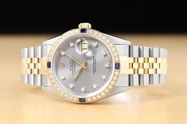 ROLEX DATEJUST 16233 GRAY FACTORY DIAMOND SAPPHIRE 18K YELLOW GOLD STEEL WATCH - 3