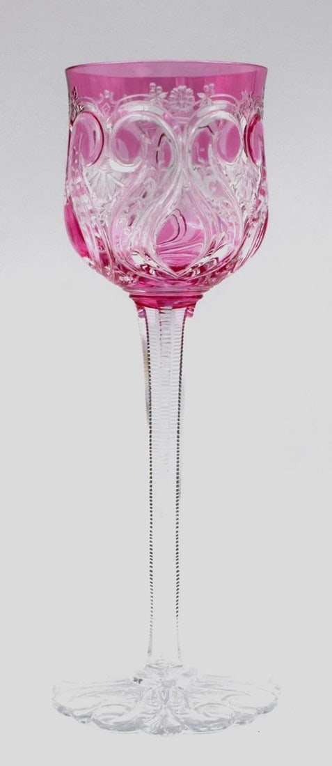 Rare Baccarat Cranberry/Pink Cut to Clear Hock Wine Glass, Shaped Foot, C.1915 (1 of 7)