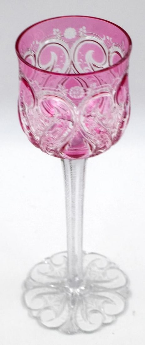 Rare Baccarat Cranberry/Pink Cut to Clear Hock Wine Glass, Shaped Foot, C.1915 - 2