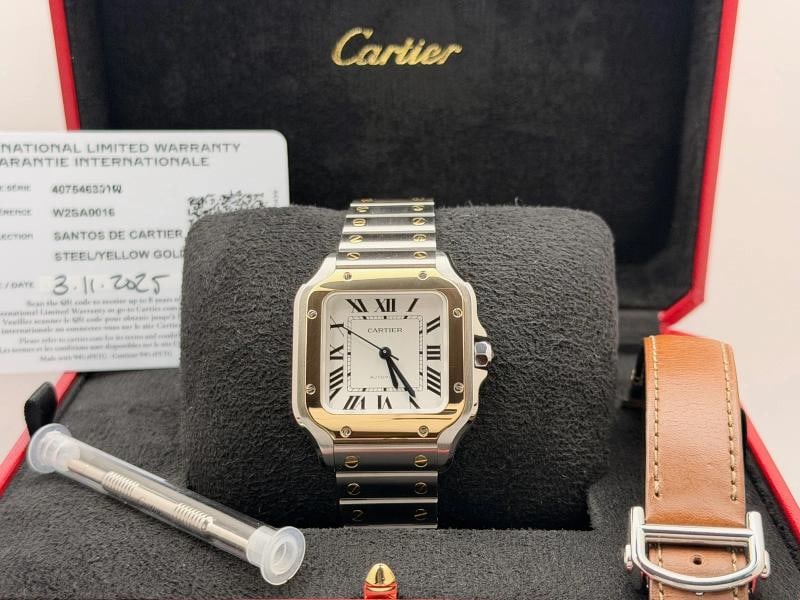 2025 Cartier Santos Medium W2SA0016 35mm Silver Dial 18k Gold Steel Box Paper: Condition: Pre-owned - Excellent,Bezel Color: Gold, Yellow,Indices: Roman Numerals,Year Manufactured: 2025,Band/Strap: Bracelet,Case Color: Silver,Department: Men,Watch Shape: Square,Style: Classic, D
