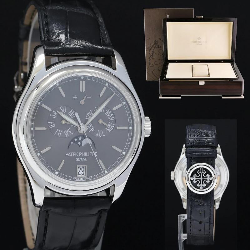 MINT Patek Philippe 5146P Platinum Annual Calendar Moon Phase 39mm Grey Watch: Brand Patek Philippe Model Annual Calendar Reference Number 5146P Gender Men's Metal Platinum Case Size 39mm Wrist Size Will fit up to a 7.75" inch wrist Movement Patek Philippe Self-winding mechanica