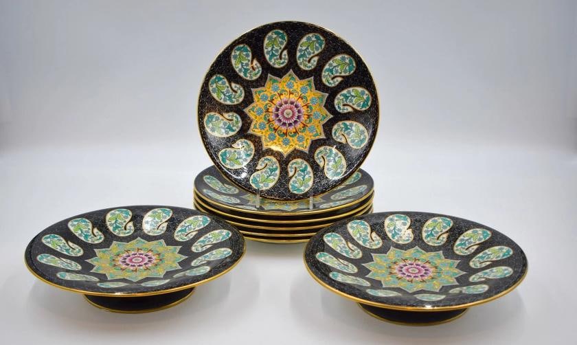 Royal Worcester Aesthetic Movement Dessert Set, Black & Paisley Plate Decoration: Royal Worcester Aesthetic Movement Dessert Set, Black & Paisley Plate Decoration. Circa 1900. 6 unusual pattern plates and 2 compotes. Very good condition with some extremely fine crazing on a few pie