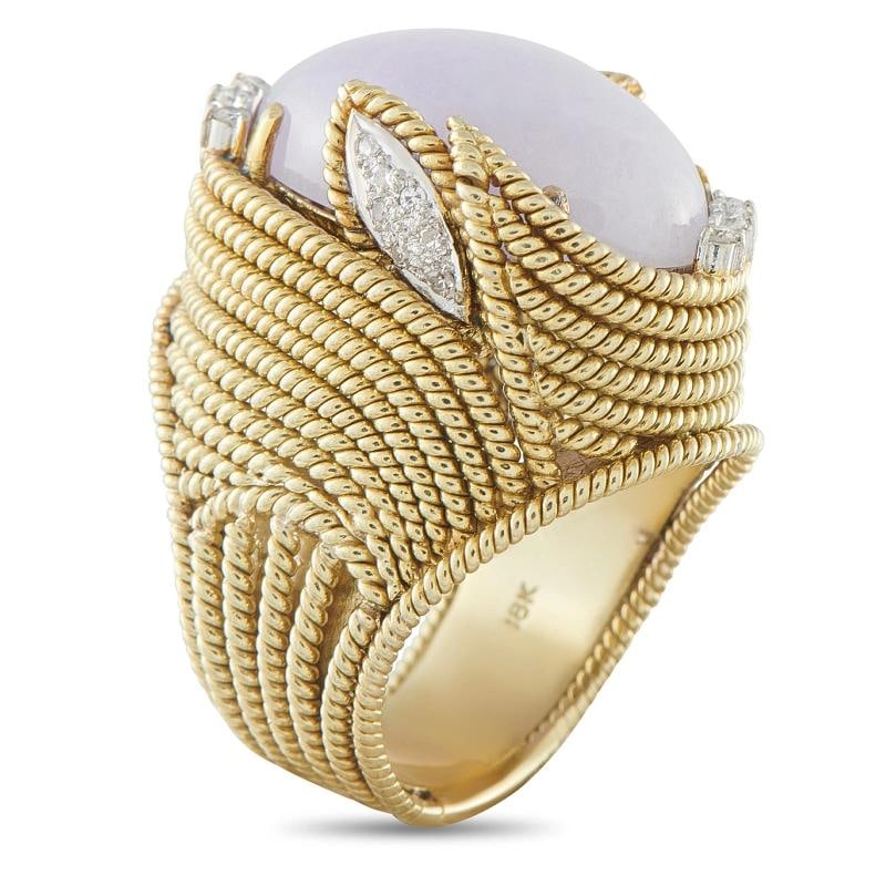 18K Yellow Gold 0.14ct Diamond and Jade Ring - 2