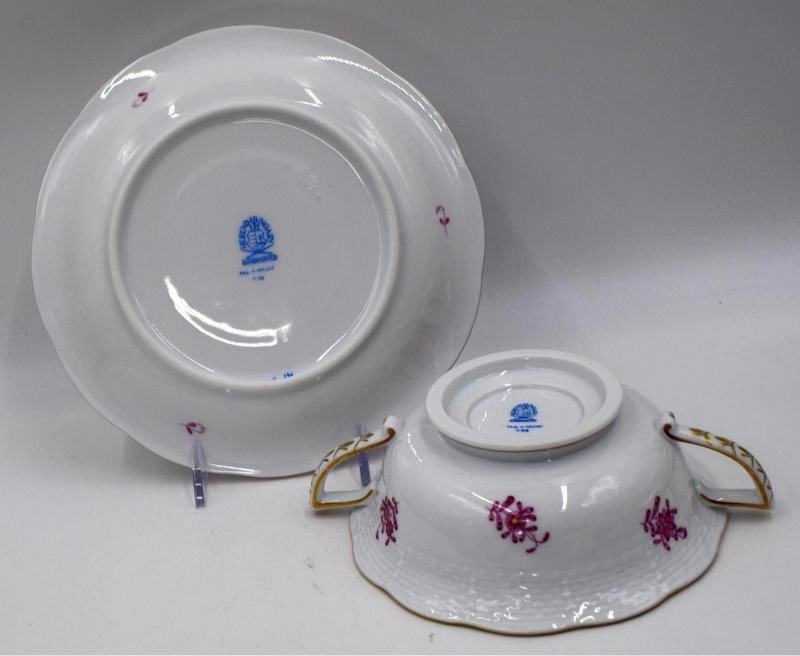 Set of 8 Herend Chinese Bouquet Raspberry Cream Soups & Underplates Hand Painted - 10