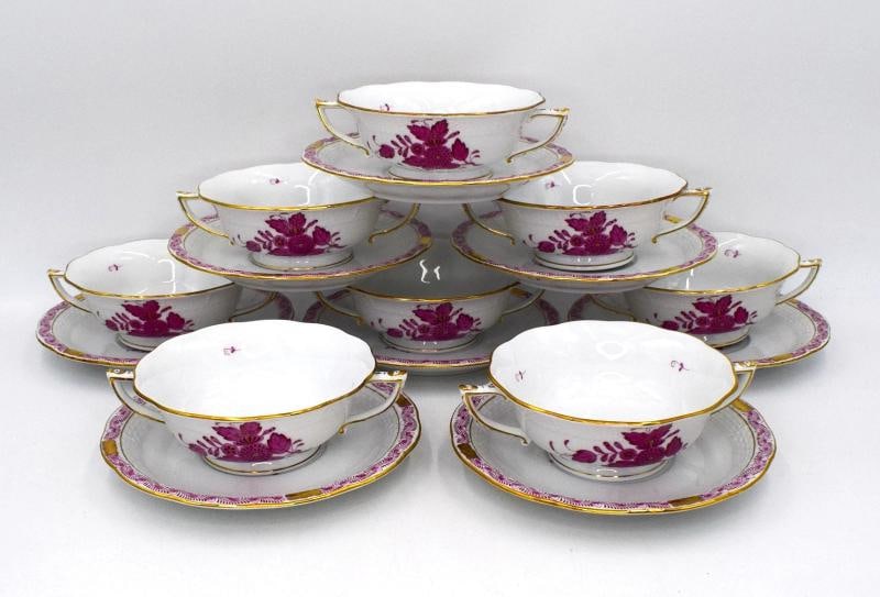 Set of 8 Herend Chinese Bouquet Raspberry Cream Soups & Underplates Hand Painted - 2
