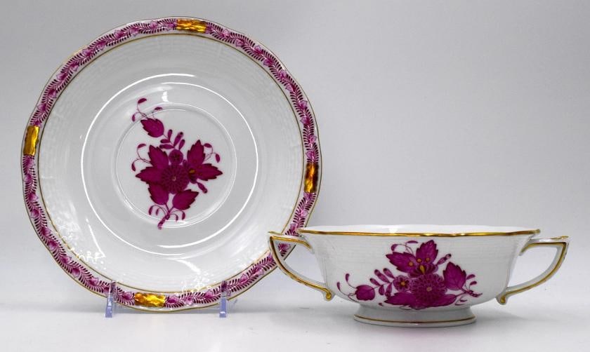 Set of 8 Herend Chinese Bouquet Raspberry Cream Soups & Underplates Hand Painted - 3