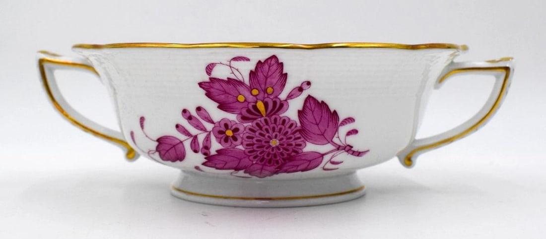 Set of 8 Herend Chinese Bouquet Raspberry Cream Soups & Underplates Hand Painted - 4