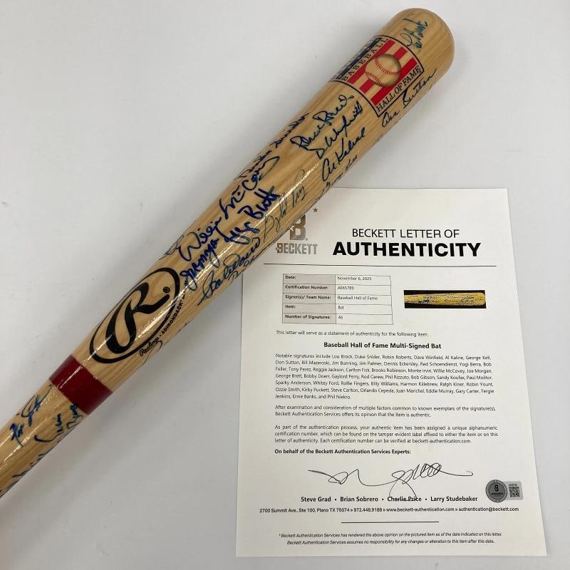 Hall Of Fame Multi Signed Baseball Bat 46 Sigs With Sandy Koufax Beckett COA: 46 Hall Of Fame Signatures. Notable signatures include Lou Brock, Duke Snider, Robin Roberts, Dave Winfield, Al Kaline, George Kell, Don Sutton, Bill Mazeroski, Jim Bunning, Jim Palmer, Dennis Eckersl
