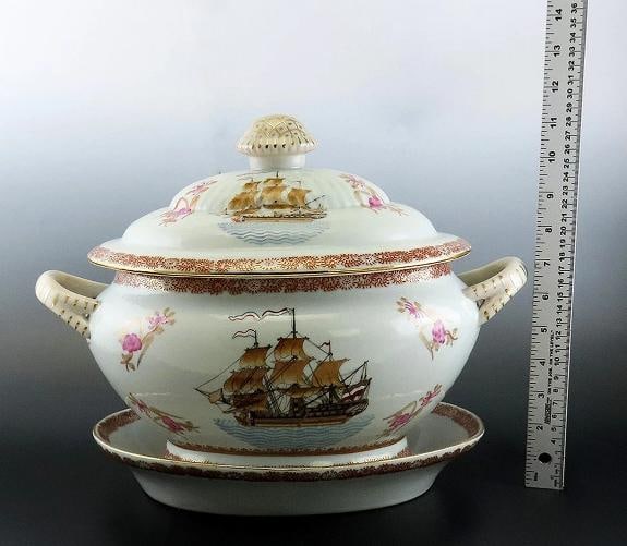 Huge Antique French Porcelain Covered Serving Dish w Ship Galleon Scene Decor - 10