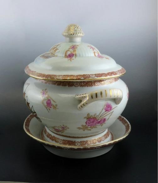 Huge Antique French Porcelain Covered Serving Dish w Ship Galleon Scene Decor - 3