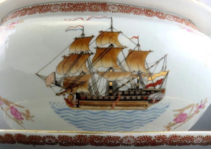 Huge Antique French Porcelain Covered Serving Dish w Ship Galleon Scene Decor - 4