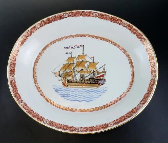 Huge Antique French Porcelain Covered Serving Dish w Ship Galleon Scene Decor - 8