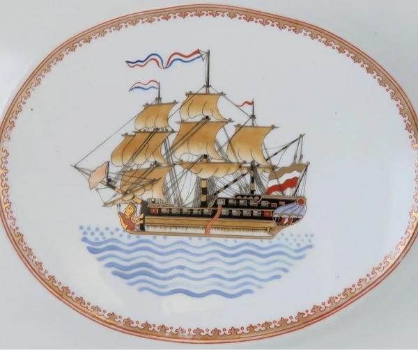 Huge Antique French Porcelain Covered Serving Dish w Ship Galleon Scene Decor - 9