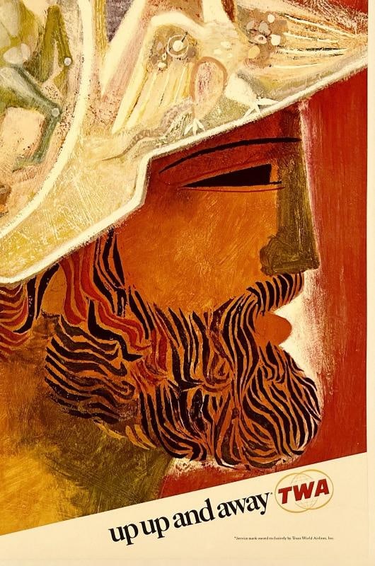 Original Vintage Poster GREECE FLY TWA UP UP & AWAY Airline Travel Tourism LINEN - 5