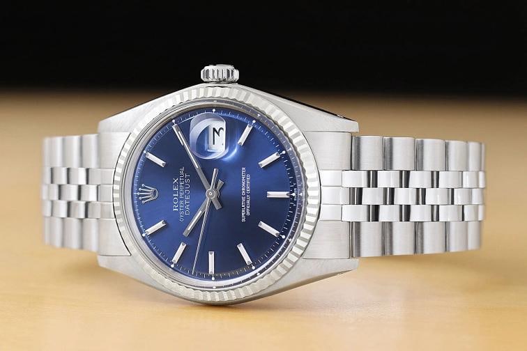 ROLEX MENS DATEJUST 1601 BLUE DIAL 18K WHITE GOLD STEEL WATCH w/ FOLDED BAND - 2