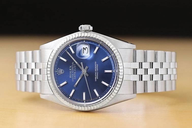 ROLEX MENS DATEJUST 1601 BLUE DIAL 18K WHITE GOLD STEEL WATCH w/ FOLDED BAND - 3