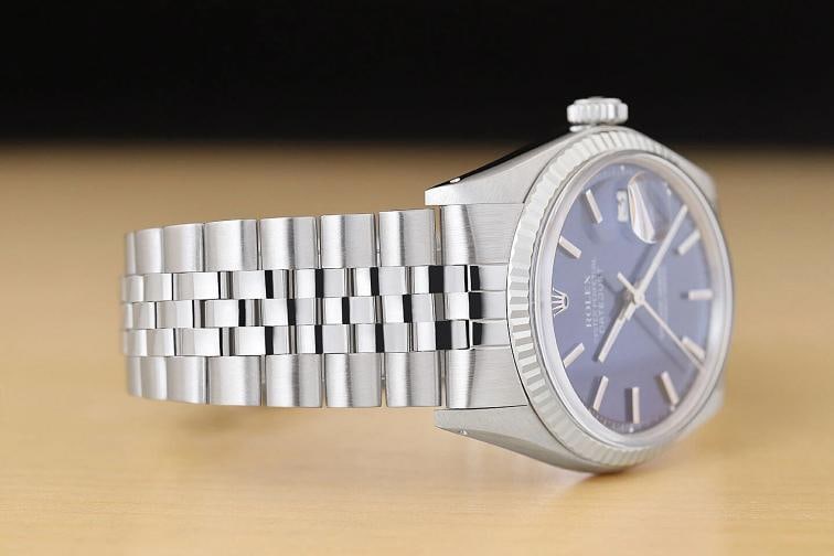 ROLEX MENS DATEJUST 1601 BLUE DIAL 18K WHITE GOLD STEEL WATCH w/ FOLDED BAND - 7