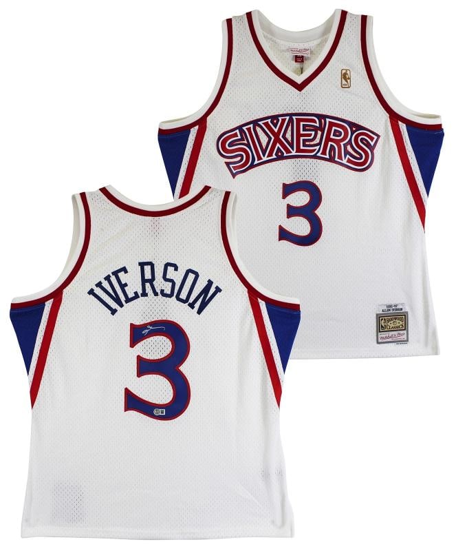 76ers Allen Iverson Signed White 1996-97 M&N HWC Swingman Jersey BAS Witnessed: Player: Allen Iverson,Product: Jersey,Original/Reprint: Original,Autograph Authentication: Beckett,Team: Philadelphia 76ers,PRODUCT_COA: Beckett,PRODUCT_SIGNED_BY_NAME: Allen Iverson,PRODUCT_SIGNED_BY