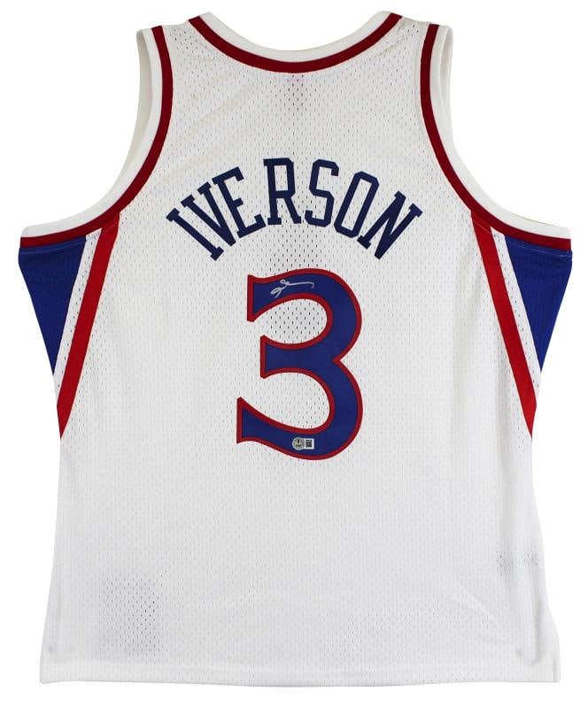 76ers Allen Iverson Signed White 1996-97 M&N HWC Swingman Jersey BAS Witnessed - 2